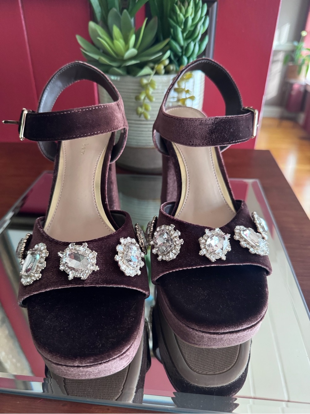 NWOT Copper Key Brown Velvet Jeweled Platform Sandals